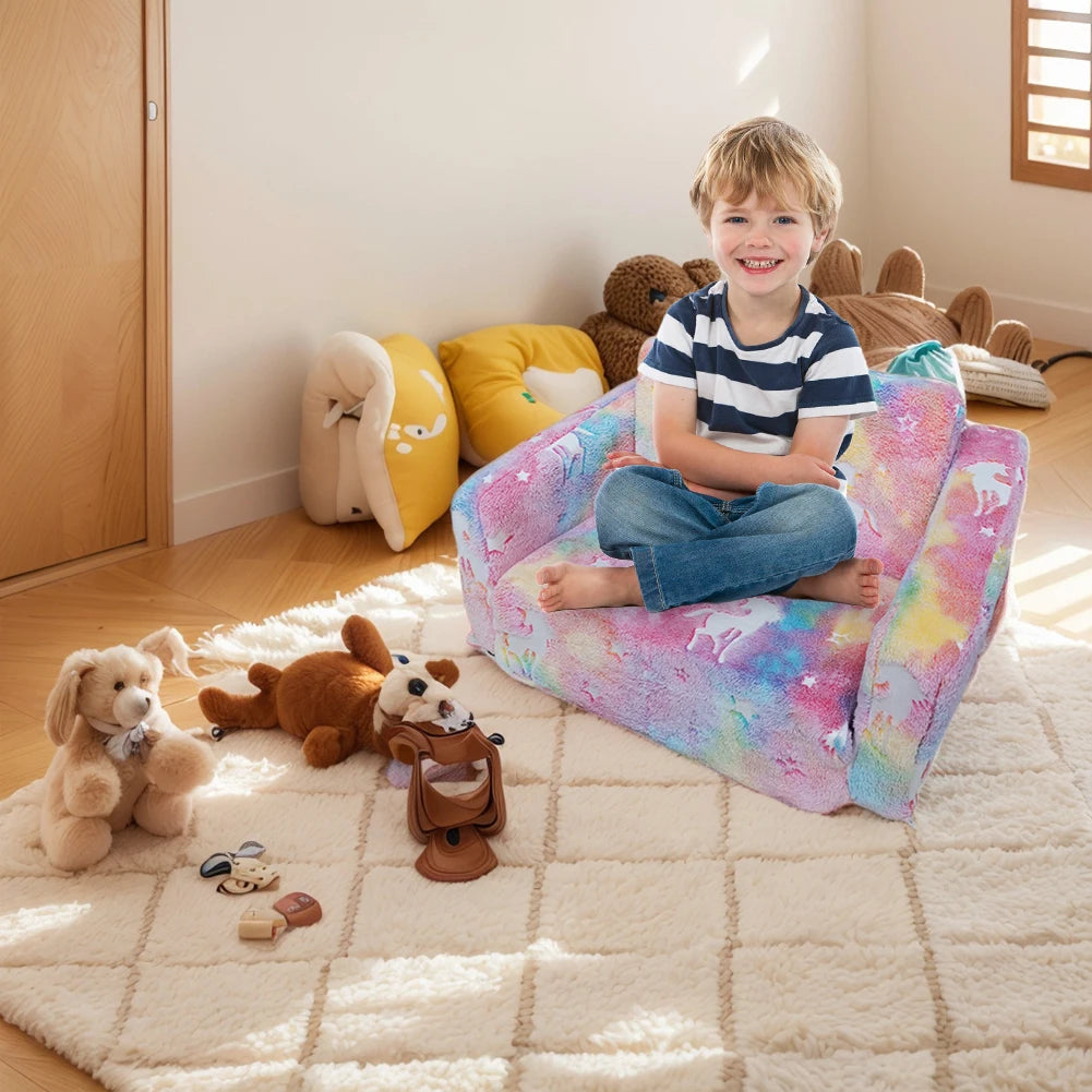 Kids Couch Fold Out Kid Sofa Chair Toddler Convertible Sofa to Lounger Pull Out Couch Glow in The Dark Sofa Chair for Boys Girls