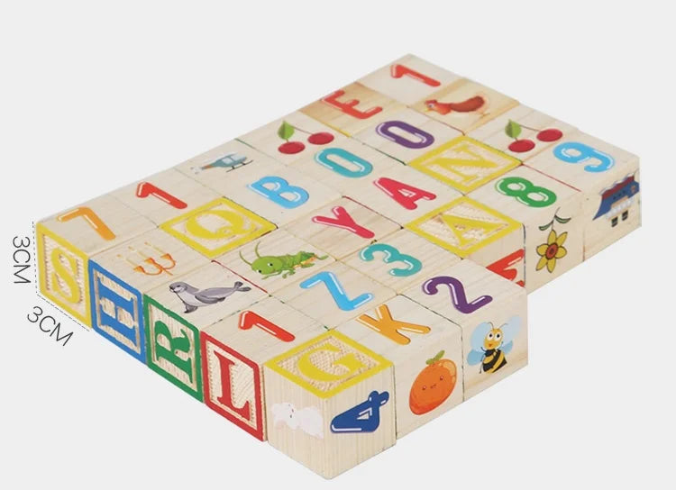 Wooden Educational Toys 27 Large Building Blocks ABC English Alphabet Number Cubes Wooden Wooden Box Storage