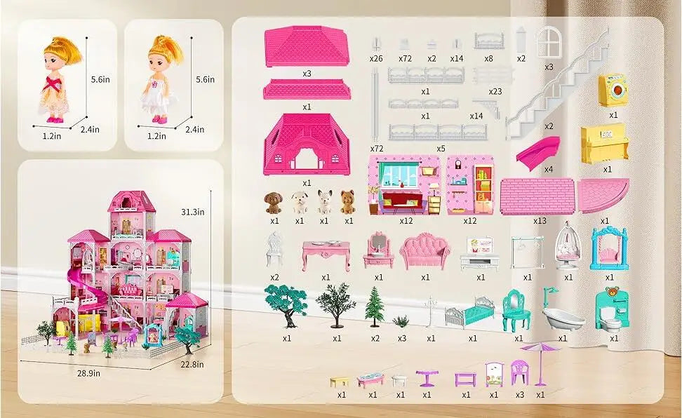 Pretend Play Villa Kids Toys For 3-8 Ages Girls 12 Rooms Doll House With 2 Dolls And Accessories Slide Birthday Gifts For Girls