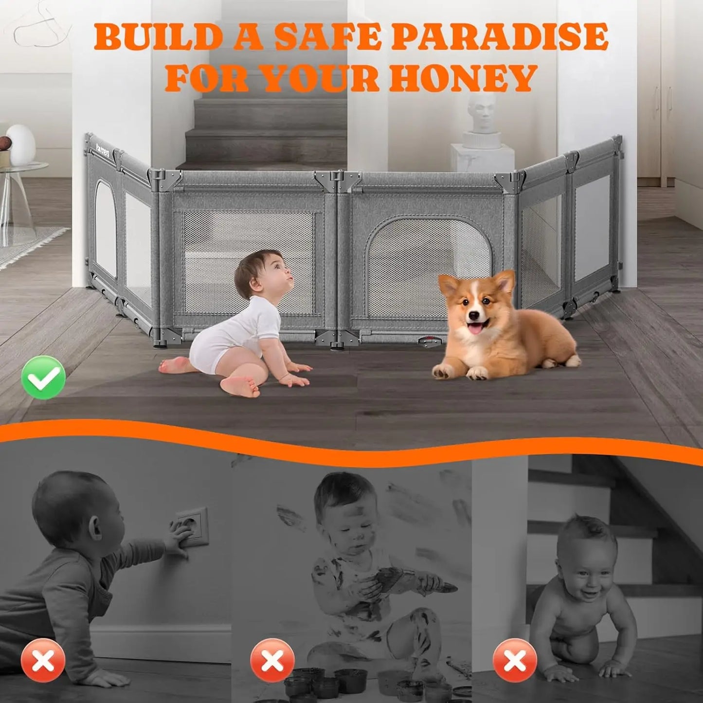 Foldable Dog Gate for Stairs, 168" W x 28" H Pet Gate for Doorways, 6 Panels Baby Gates Indoor Baby Play Fence, Grey