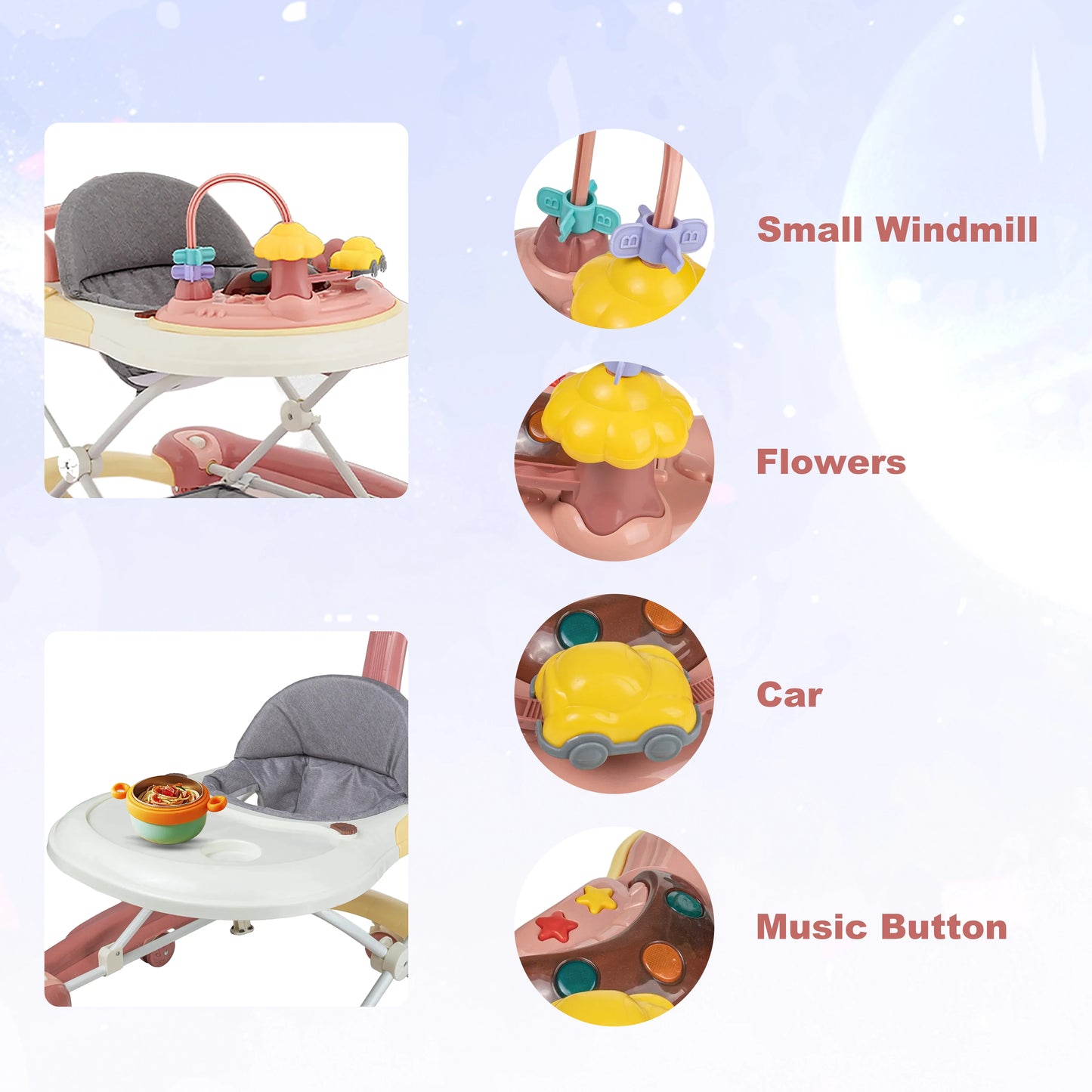 4 in 1 Folding Baby Walker Activity Walker With Music Toys Adjustable Height & Speed Safety Bumper Infant Walker Anti-Rollover