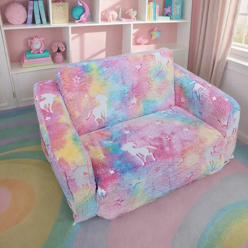 Kids Couch Fold Out Kid Sofa Chair Toddler Convertible Sofa to Lounger Pull Out Couch Glow in The Dark Sofa Chair for Boys Girls