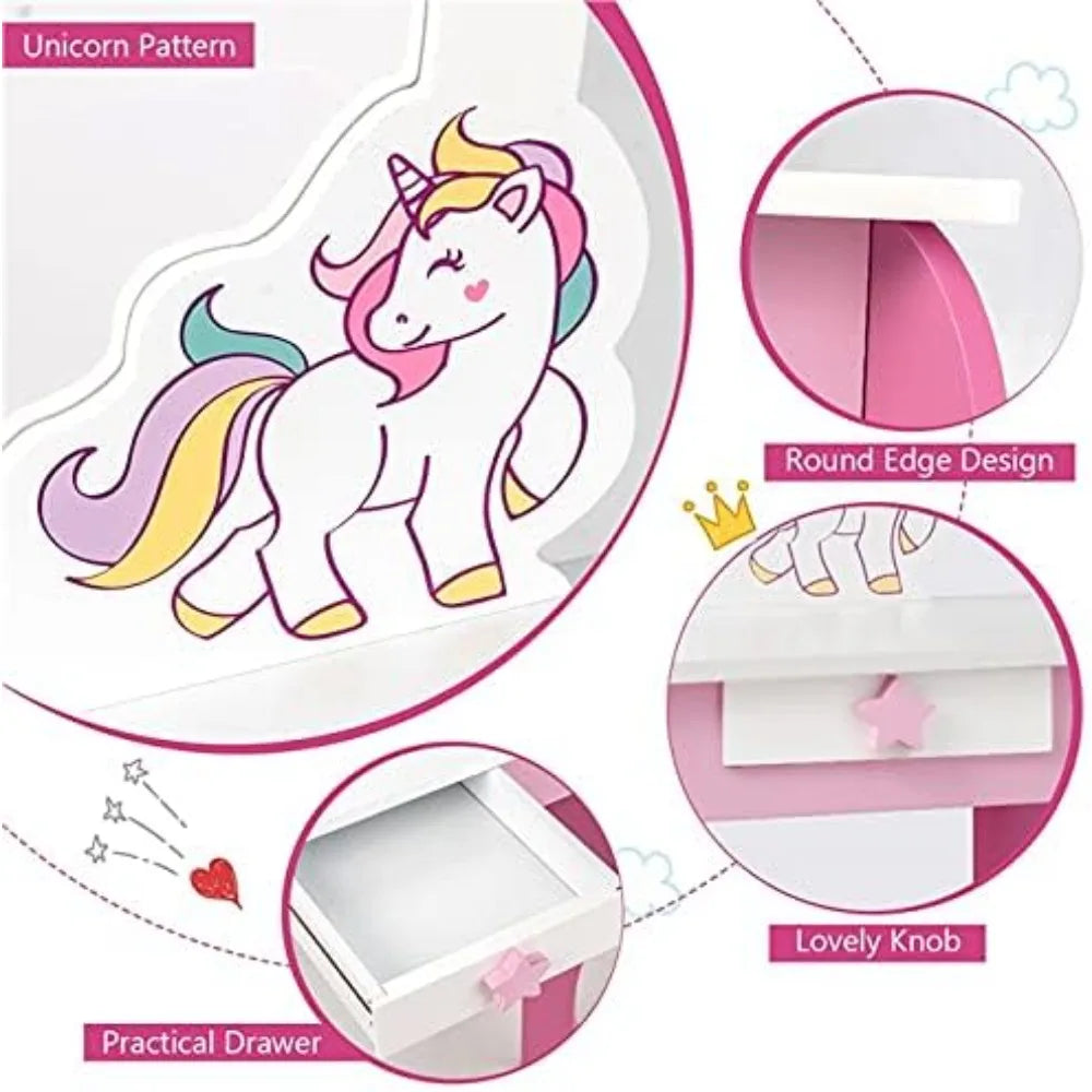 Wooden 2-in-1 Princess Vanity Set for Toddler Girls with Detachable Mirror and Dressing Table