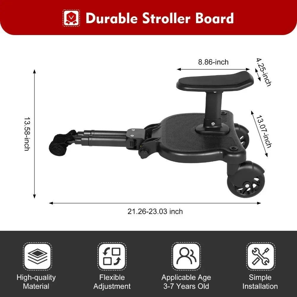 Black Baby Stroller Auxiliary Pedal Adjustable Length and Height with Detachable Seats and Wheels for 3-7 Years Old Children