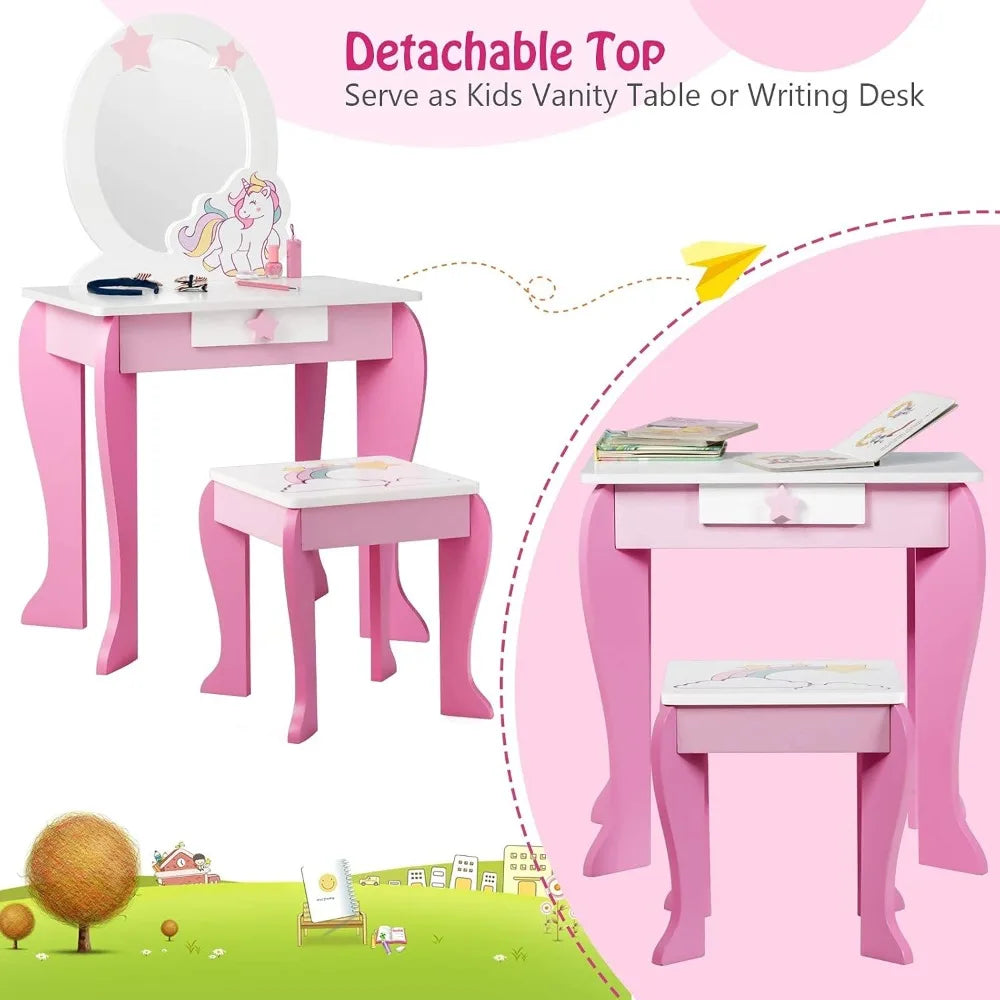 Wooden 2-in-1 Princess Vanity Set for Toddler Girls with Detachable Mirror and Dressing Table