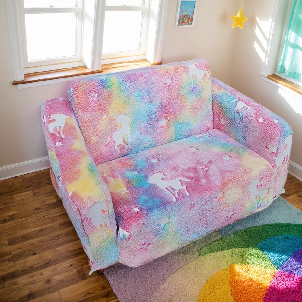 Kids Couch Fold Out Kid Sofa Chair Toddler Convertible Sofa to Lounger Pull Out Couch Glow in The Dark Sofa Chair for Boys Girls