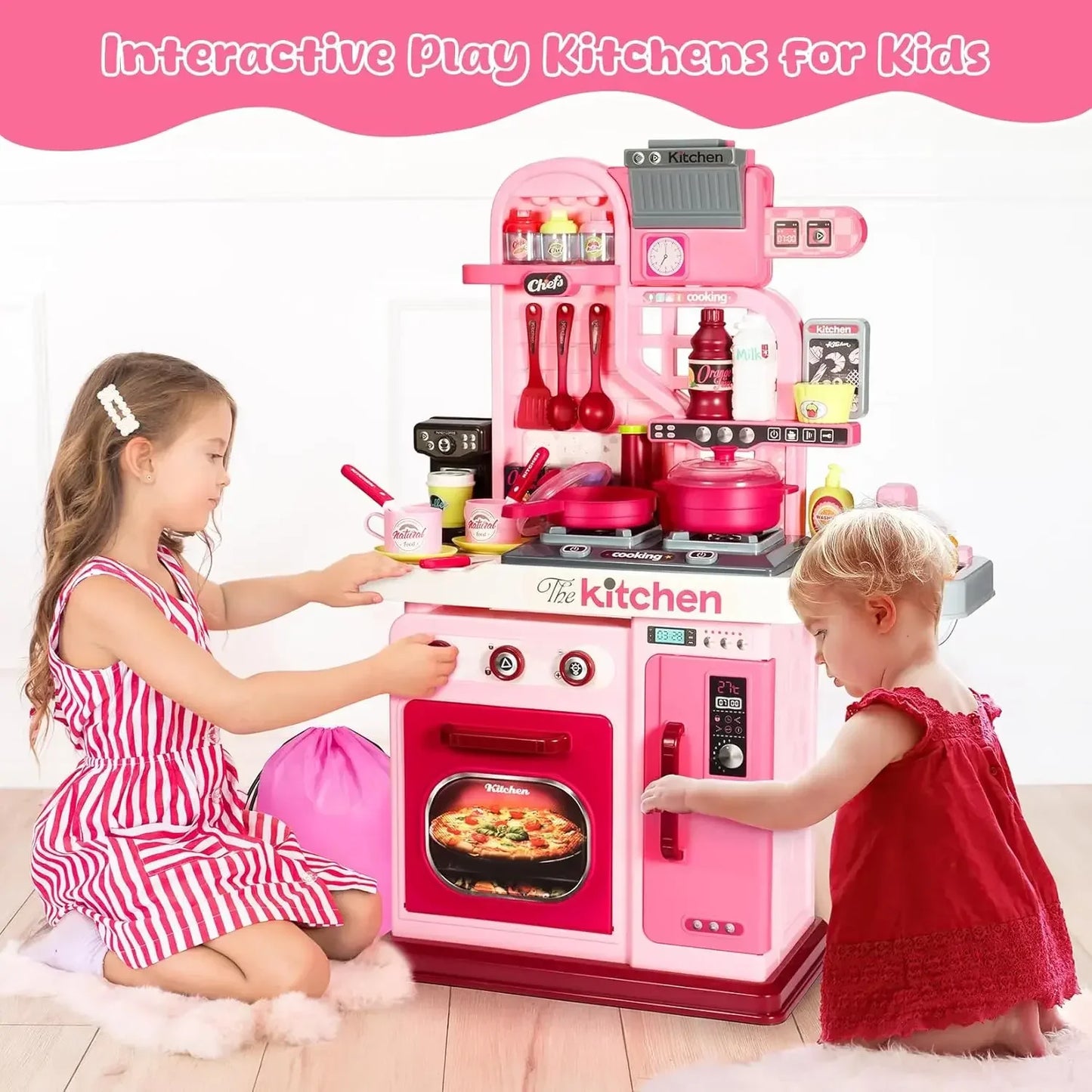 Kids Kitchen Playset ，Kitchen Set for Toddlers 1-3 3-5, Cooking Stove, Play Sink and Kitchen Accessories, Toy Kitchen (Pink)