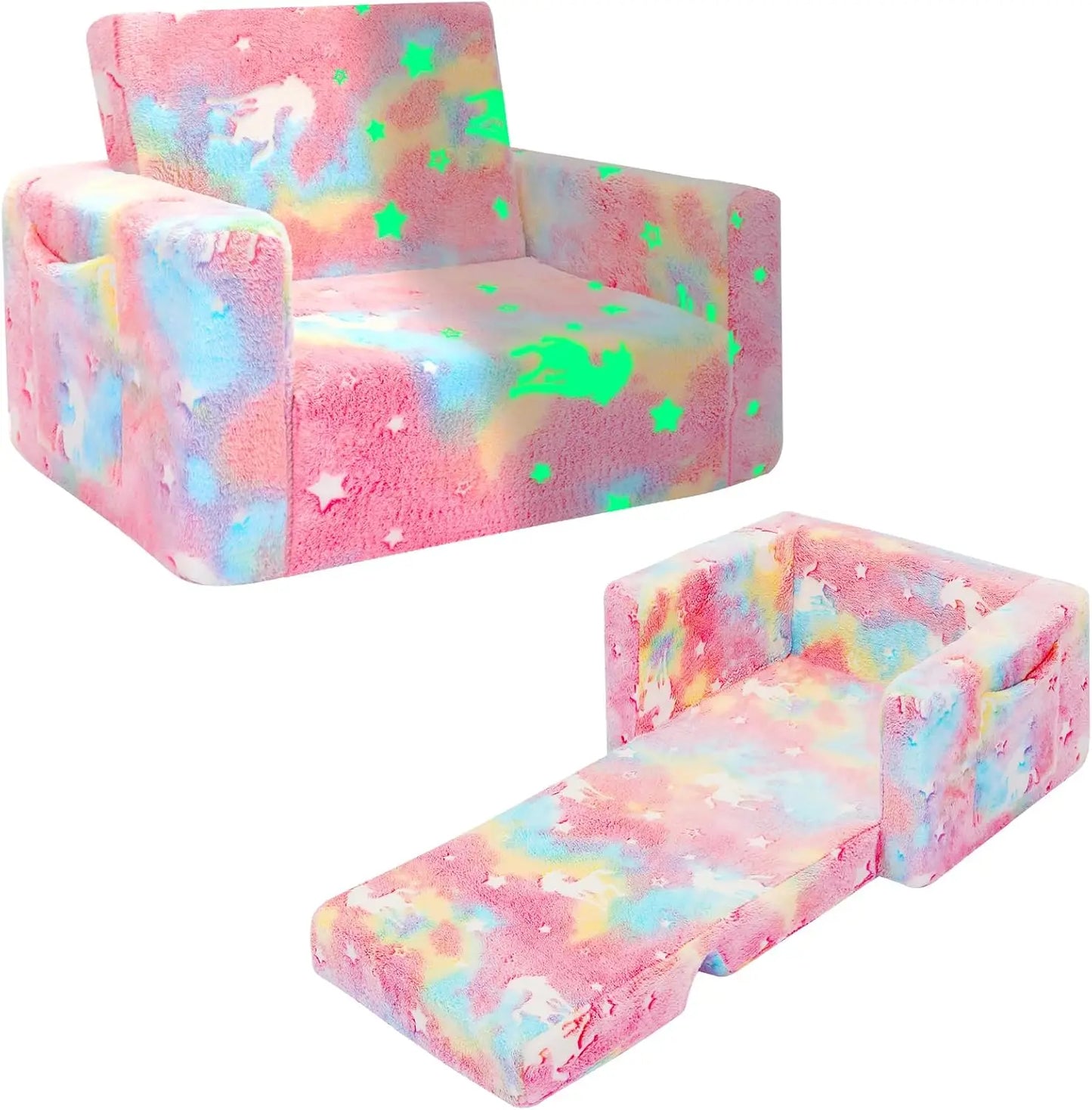 Kids Couch Fold Out Kid Sofa Chair Toddler Convertible Sofa to Lounger Pull Out Couch Glow in The Dark Sofa Chair for Boys Girls
