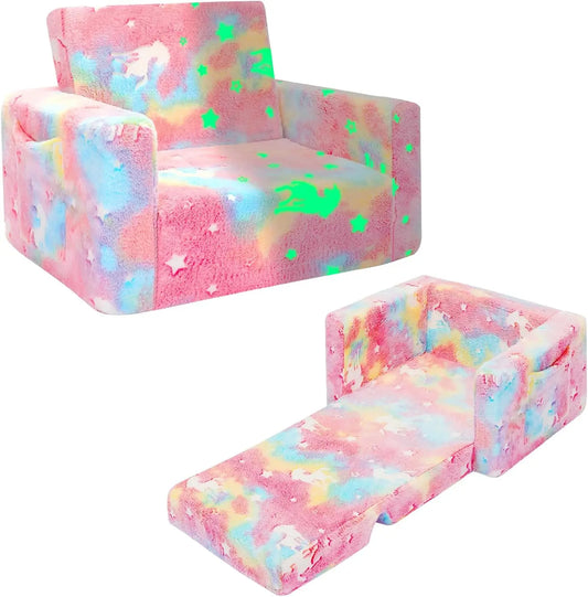 Kids Couch Fold Out Kid Sofa Chair Toddler Convertible Sofa to Lounger Pull Out Couch Glow in The Dark Sofa Chair for Boys Girls