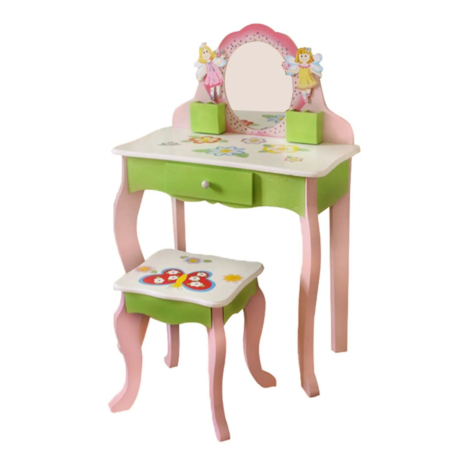 Toddler Girls Makeup Dressing Table Pretend Vanity Set Wooden Kids Vanity Set Makeup Table Chair Set with Mirror Drawer