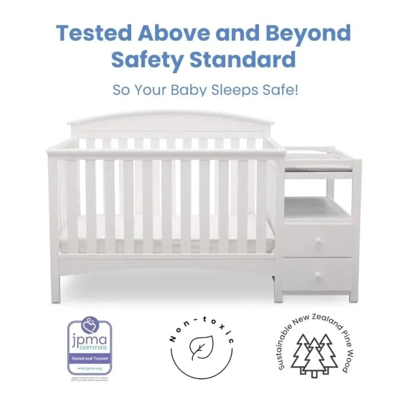 3-in-1 Convertible Crib with Changer, White Baby Nursery Furniture for Newborn to Toddler