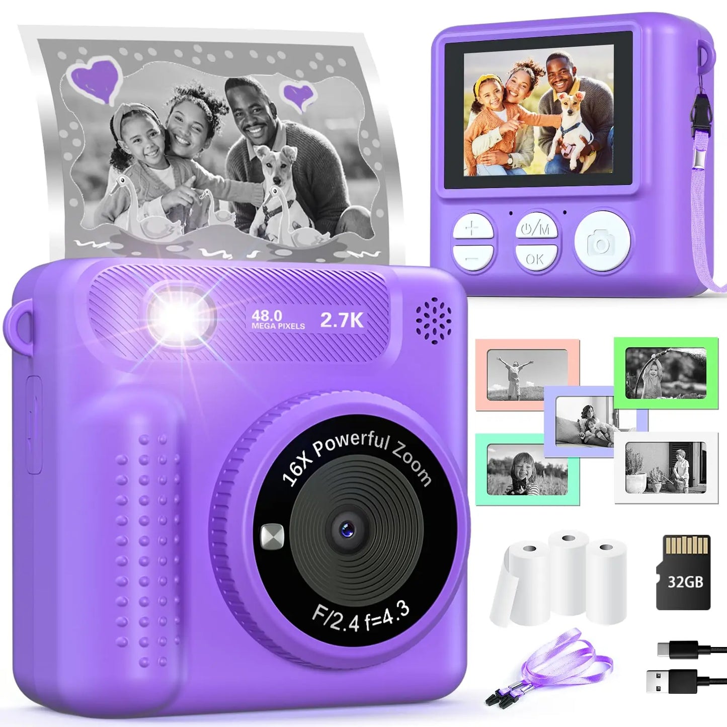 VATOS Instant Print Camera-2.4 inch Digital Camera Rechargeable Portable with Frame Printing Paper Birthday Gift for kids Purple