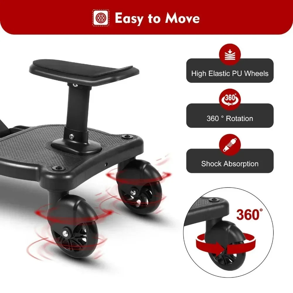 Black Baby Stroller Auxiliary Pedal Adjustable Length and Height with Detachable Seats and Wheels for 3-7 Years Old Children
