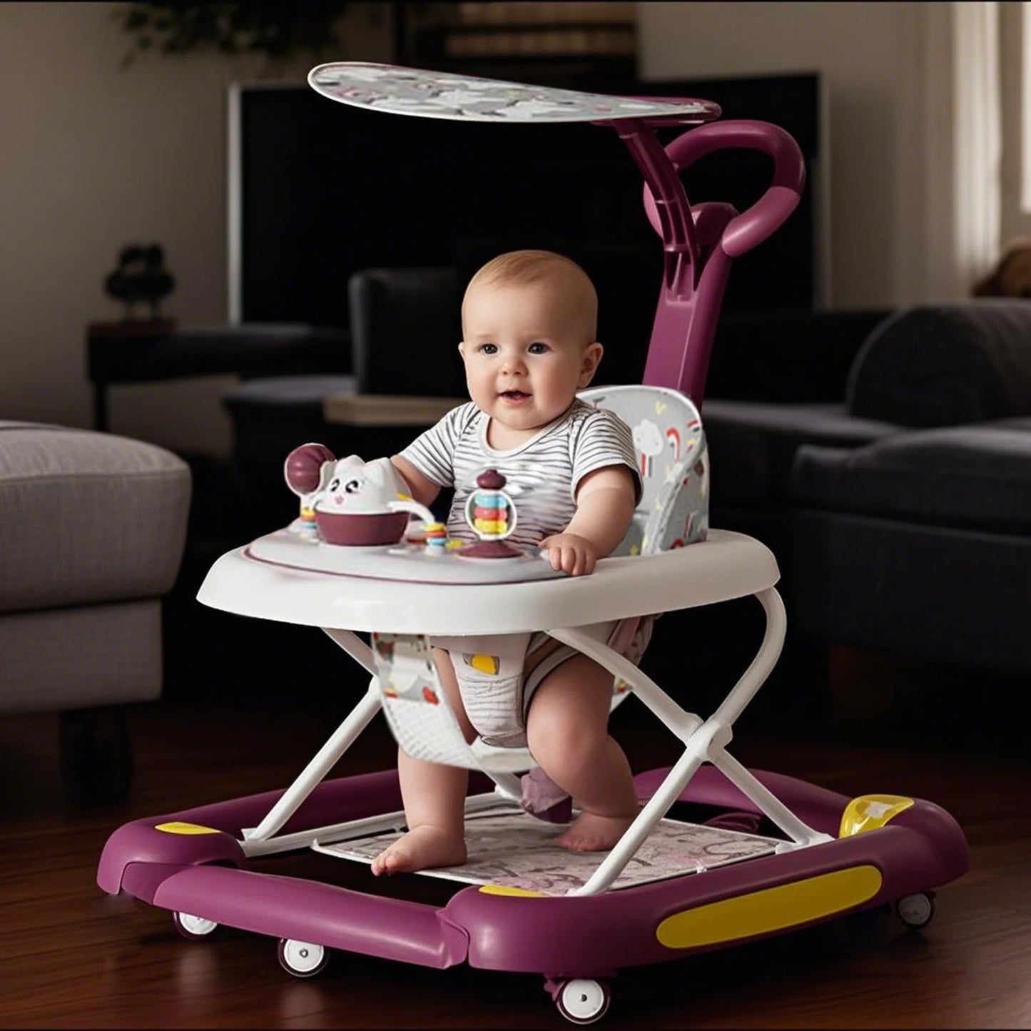 Baby Multi-Functional Comfortable Walker With Awning Anti-Rollover Baby Walker Can Sit Adjust And Shake The Walker For Boy Girls