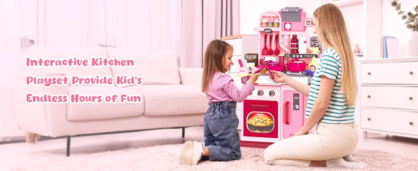 Kids Kitchen Playset ，Kitchen Set for Toddlers 1-3 3-5, Cooking Stove, Play Sink and Kitchen Accessories, Toy Kitchen (Pink)