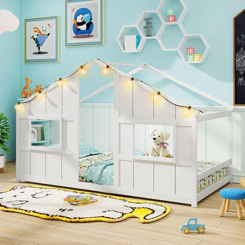 Twin Kids House Bed with Light Bulbs, Wooden Montessori Floor Bed Frame with Roof & Windows, Twin Floor Bed for Kids Boy