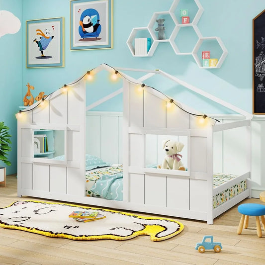Twin Kids House Bed with Light Bulbs, Wooden Montessori Floor Bed Frame with Roof & Windows, Twin Floor Bed for Kids Boy