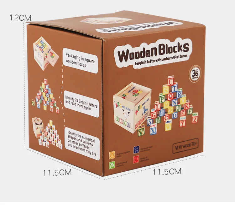 Wooden Educational Toys 27 Large Building Blocks ABC English Alphabet Number Cubes Wooden Wooden Box Storage