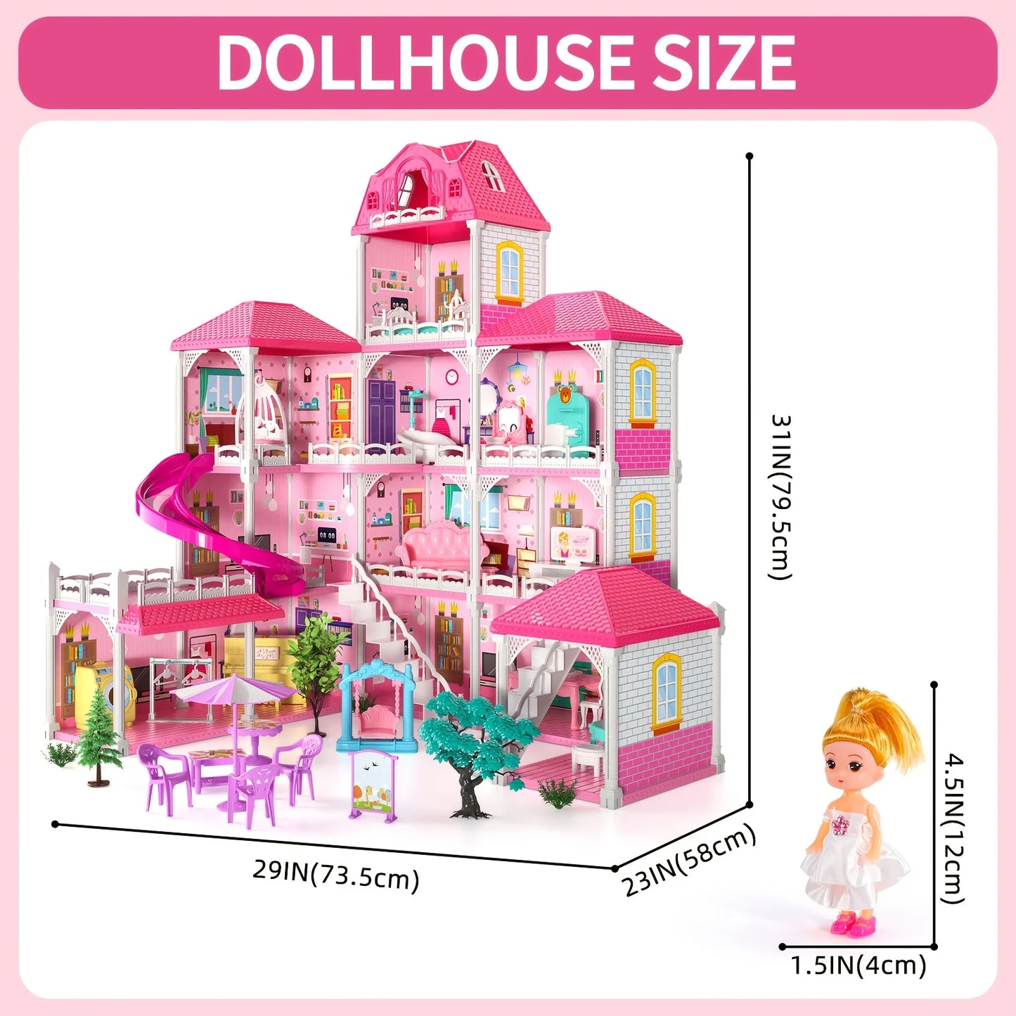 Pretend Play Villa Kids Toys For 3-8 Ages Girls 12 Rooms Doll House With 2 Dolls And Accessories Slide Birthday Gifts For Girls