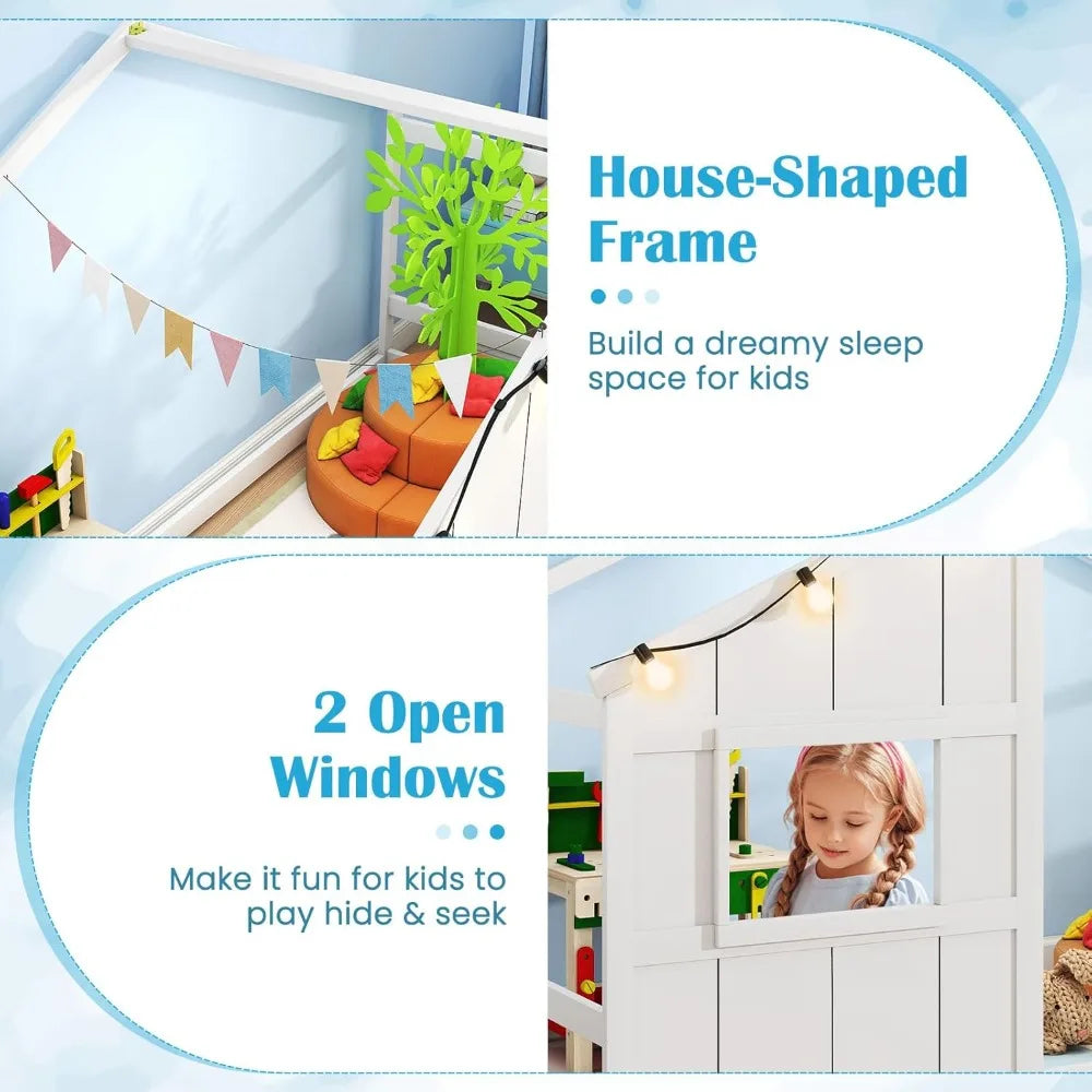 Twin Kids House Bed with Light Bulbs, Wooden Montessori Floor Bed Frame with Roof & Windows, Twin Floor Bed for Kids Boy