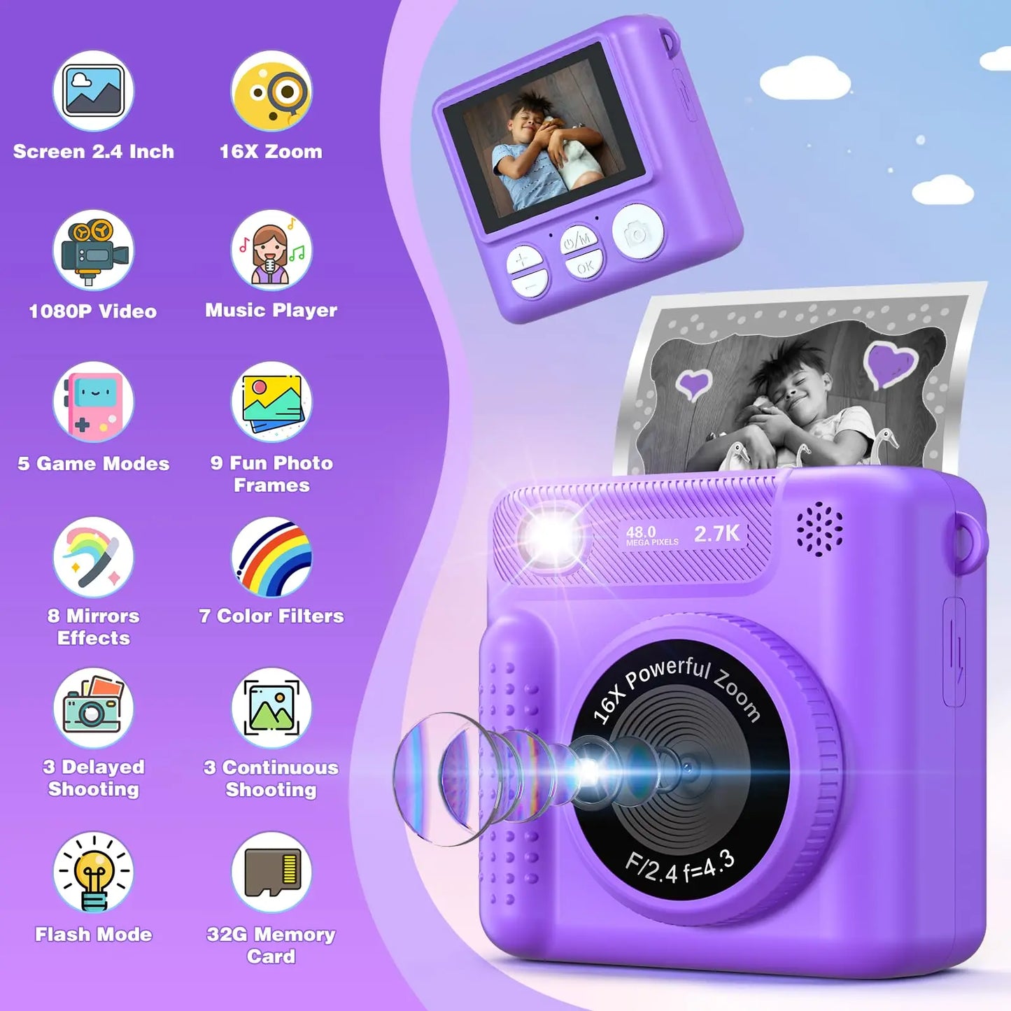 VATOS Instant Print Camera-2.4 inch Digital Camera Rechargeable Portable with Frame Printing Paper Birthday Gift for kids Purple
