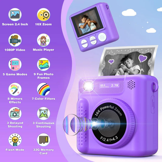 VATOS Instant Print Camera-2.4 inch Digital Camera Rechargeable Portable with Frame Printing Paper Birthday Gift for kids Purple