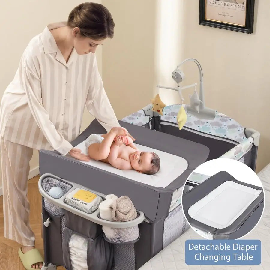 5in1 Pack and Play, Portable Baby Bedside Sleeper with Bassinet, UShaped Diaper Changer, Safety Strap, Side Zipper Entrance, Han