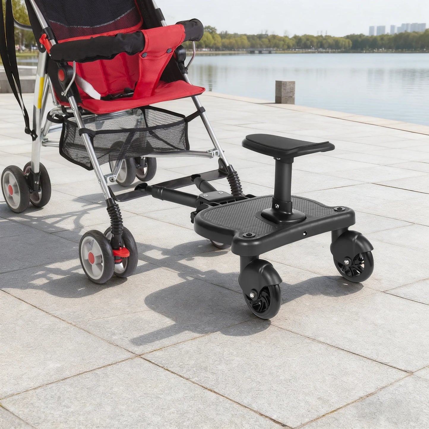 Black Baby Stroller Auxiliary Pedal Adjustable Length and Height with Detachable Seats and Wheels for 3-7 Years Old Children