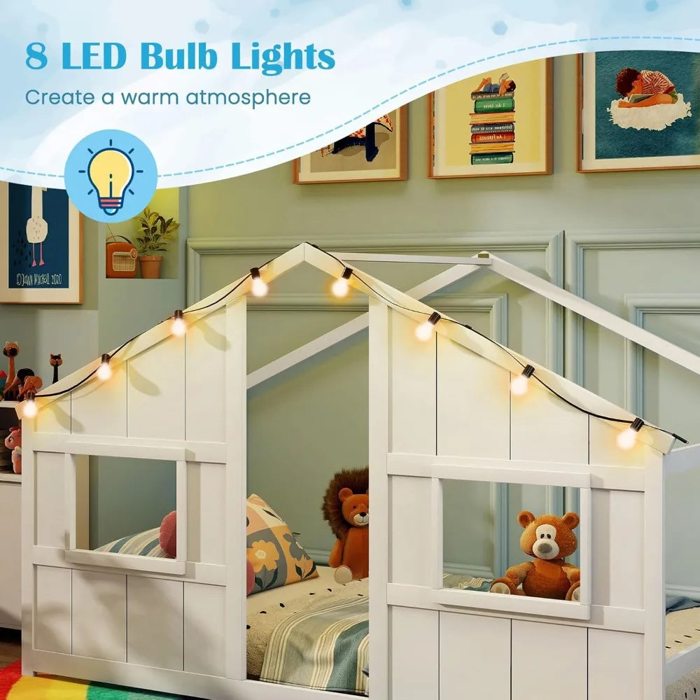 Twin Kids House Bed with Light Bulbs, Wooden Montessori Floor Bed Frame with Roof & Windows, Twin Floor Bed for Kids Boy