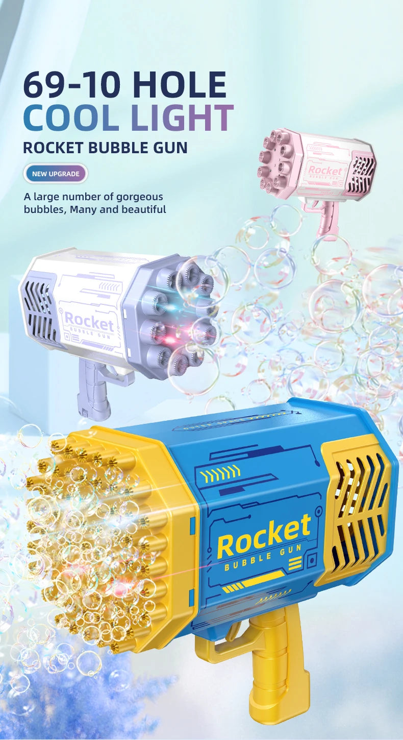 Bubble Gun Kids Toys Rocket 69 Holes Soap Bubbles Machine Gun Shape Automatic Blower With Light Pomperos Outdoor Toy Gifts Party