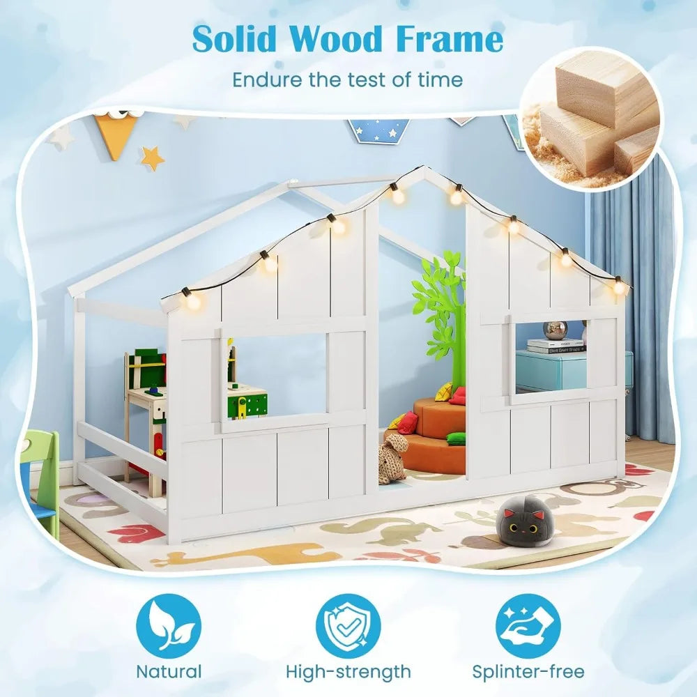 Twin Kids House Bed with Light Bulbs, Wooden Montessori Floor Bed Frame with Roof & Windows, Twin Floor Bed for Kids Boy