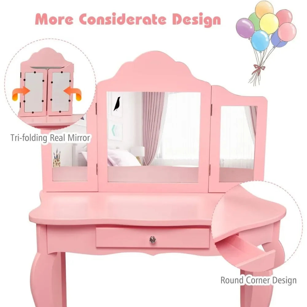 Kids Wooden Vanity Table & Stool Set, 2 in 1 Detachable Design with Dressing Table and Writing Desk, Princess Makeup Dressing T