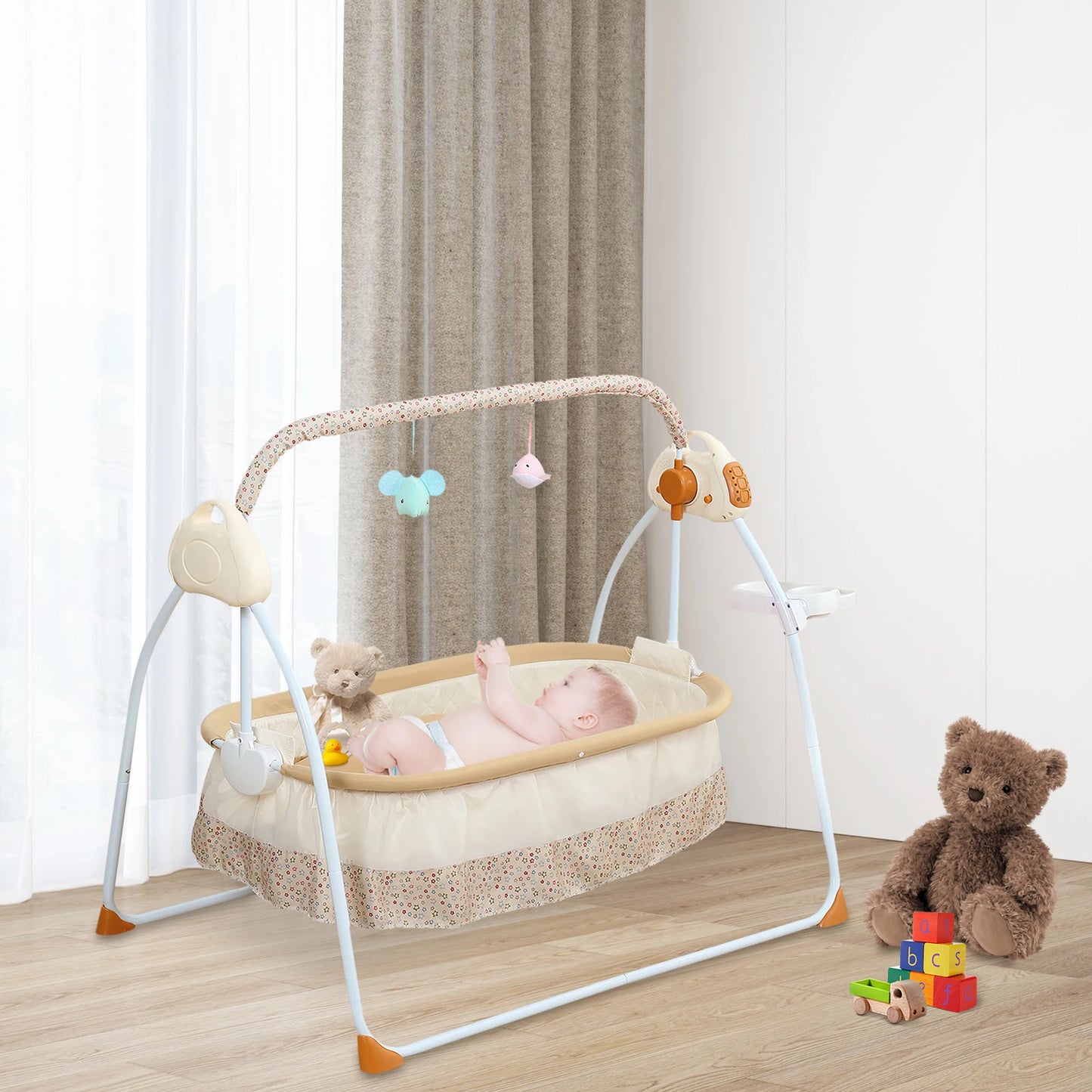 Electric Cradle Foldable Electric Baby Cradle w/ Music Dual Control, Mosquito Net & Swing, 5-Level Adjustable Rocking Bassinet