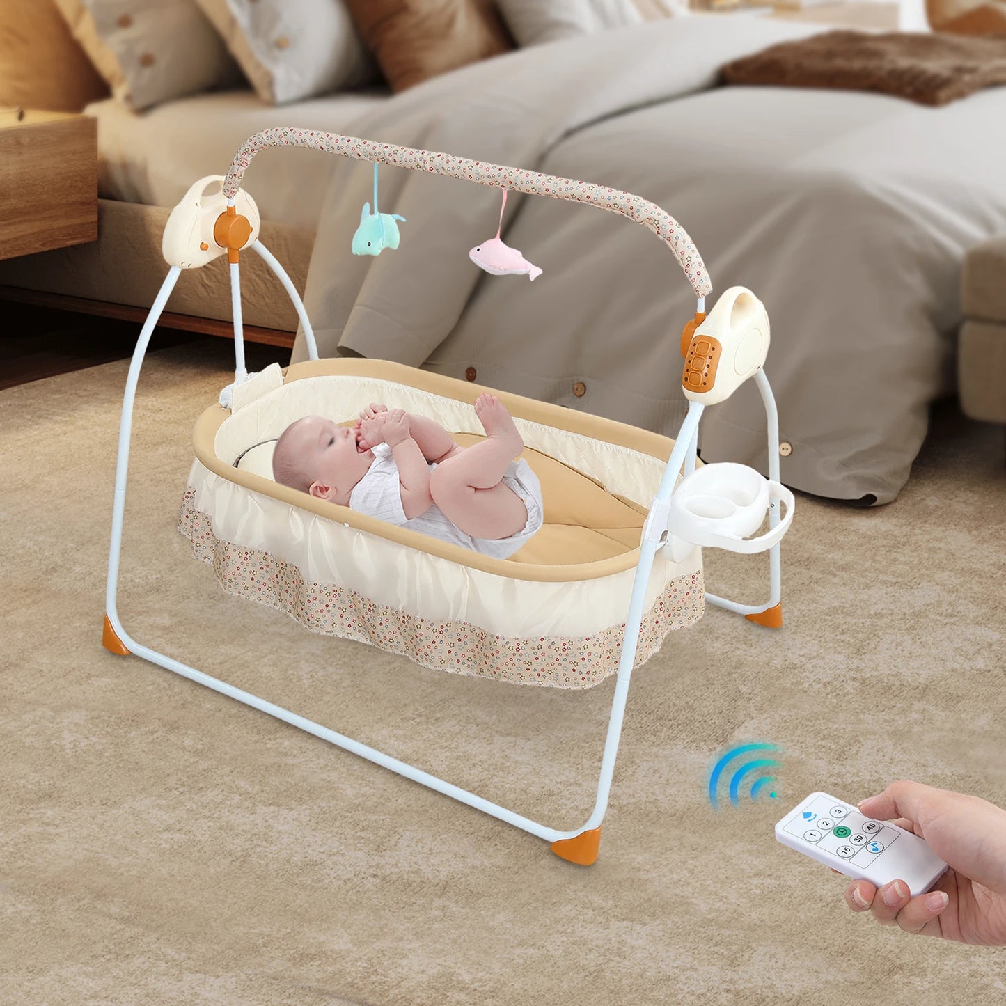 Electric Cradle Foldable Electric Baby Cradle w/ Music Dual Control, Mosquito Net & Swing, 5-Level Adjustable Rocking Bassinet