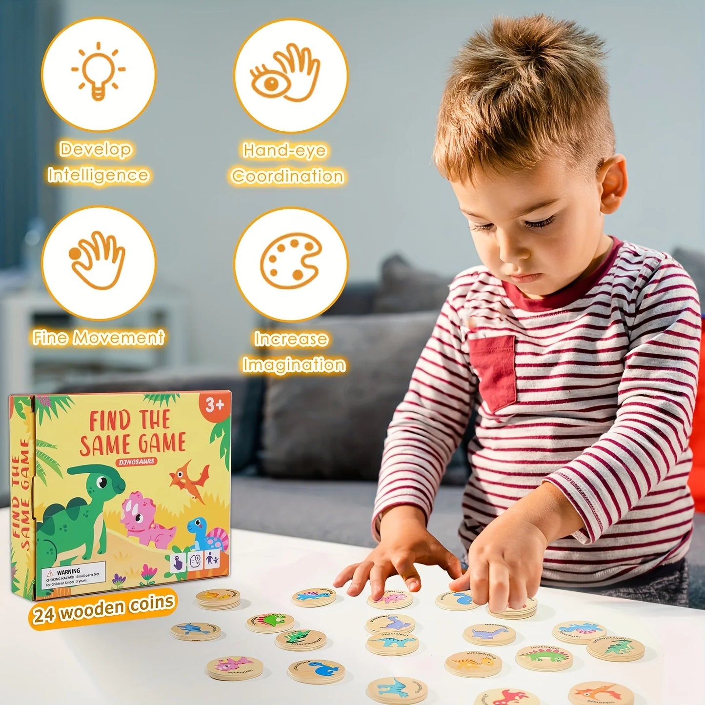 Dinosaur wooden memory matching game, color recognition observation educational toy teaching aid, suitable for children's birthd