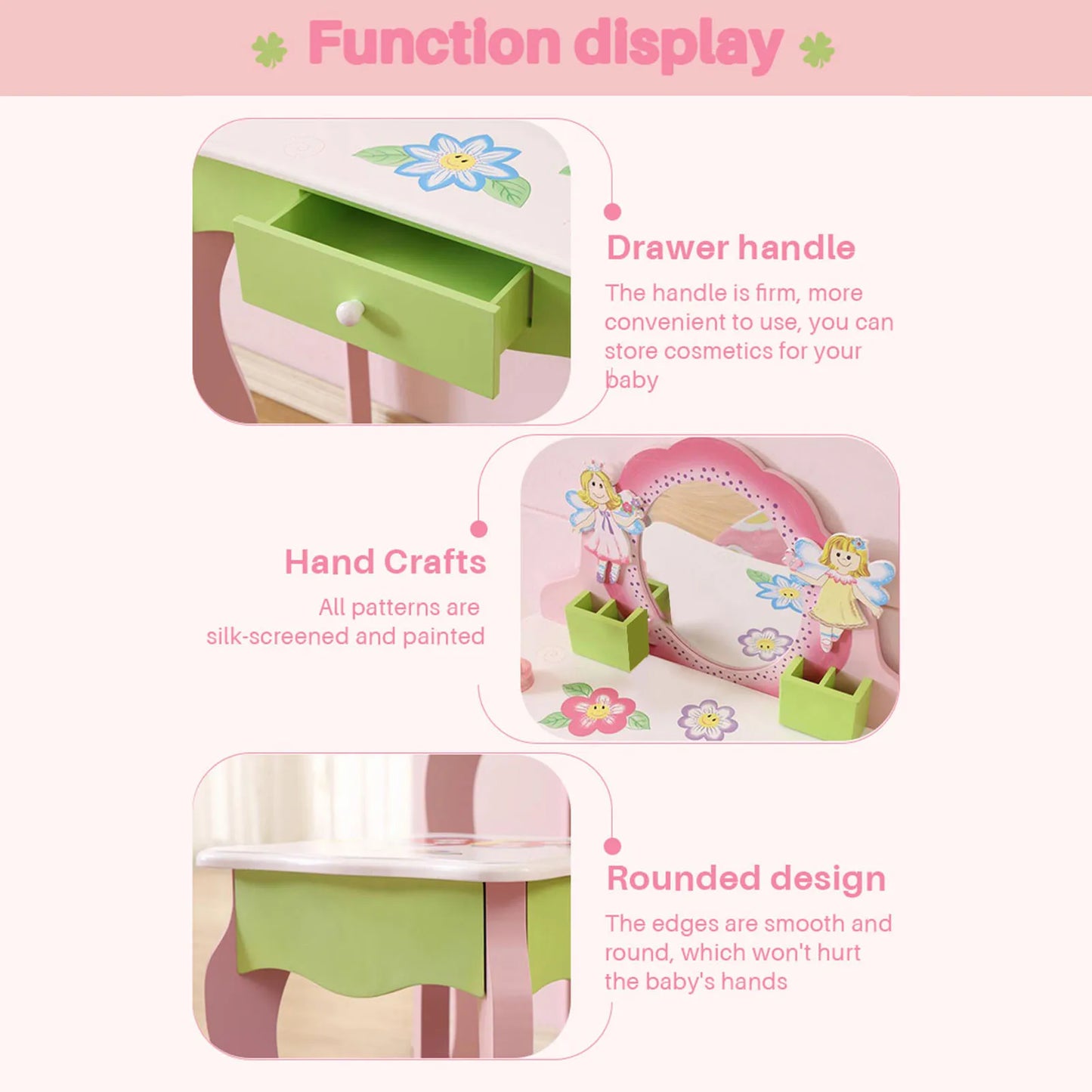 Toddler Girls Makeup Dressing Table Pretend Vanity Set Wooden Kids Vanity Set Makeup Table Chair Set with Mirror Drawer