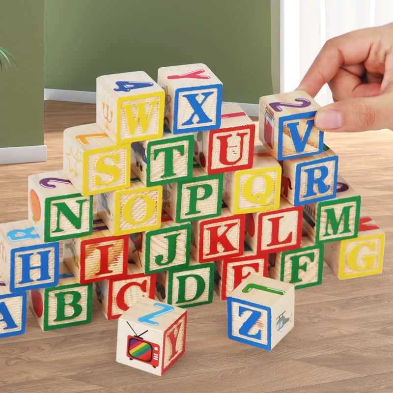 Wooden Educational Toys 27 Large Building Blocks ABC English Alphabet Number Cubes Wooden Wooden Box Storage