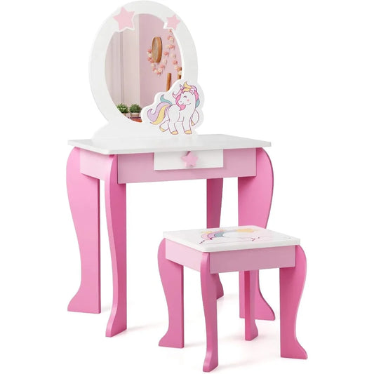 Wooden 2-in-1 Princess Vanity Set for Toddler Girls with Detachable Mirror and Dressing Table