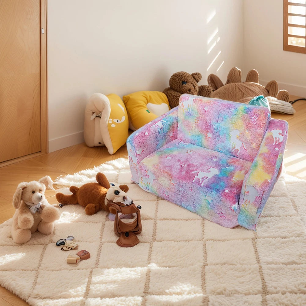 Kids Couch Fold Out Kid Sofa Chair Toddler Convertible Sofa to Lounger Pull Out Couch Glow in The Dark Sofa Chair for Boys Girls
