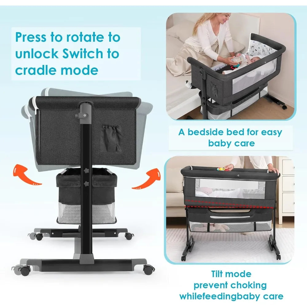 Baby Bassinet, Baby Basinet Bedside Sleeper, Easy to Fold Portable Crib Side Bassinet 2025new Style Girl/boy bassinets (Dark Gra