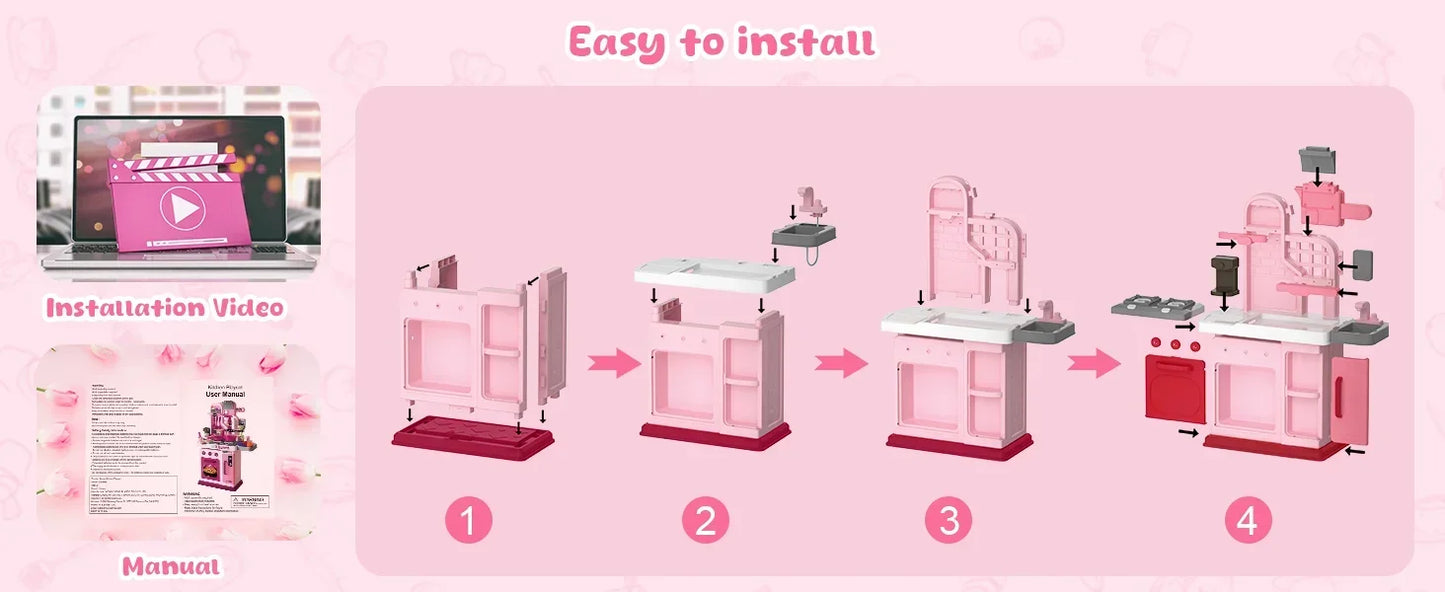 Kids Kitchen Playset ，Kitchen Set for Toddlers 1-3 3-5, Cooking Stove, Play Sink and Kitchen Accessories, Toy Kitchen (Pink)