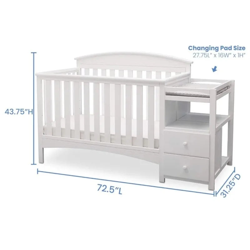 3-in-1 Convertible Crib with Changer, White Baby Nursery Furniture for Newborn to Toddler