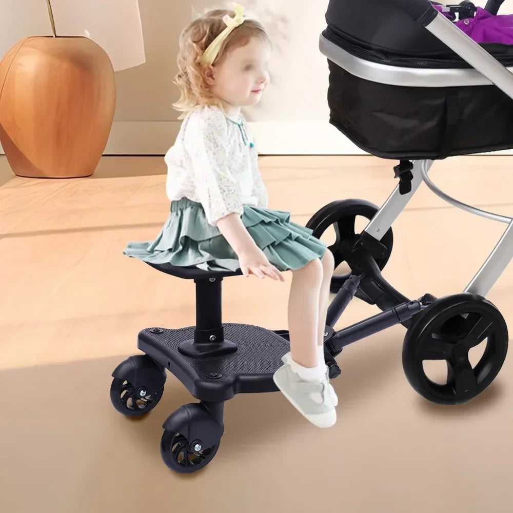 Black Baby Stroller Auxiliary Pedal Adjustable Length and Height with Detachable Seats and Wheels for 3-7 Years Old Children