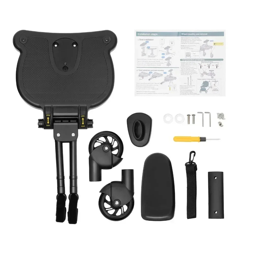 Black Baby Stroller Auxiliary Pedal Adjustable Length and Height with Detachable Seats and Wheels for 3-7 Years Old Children