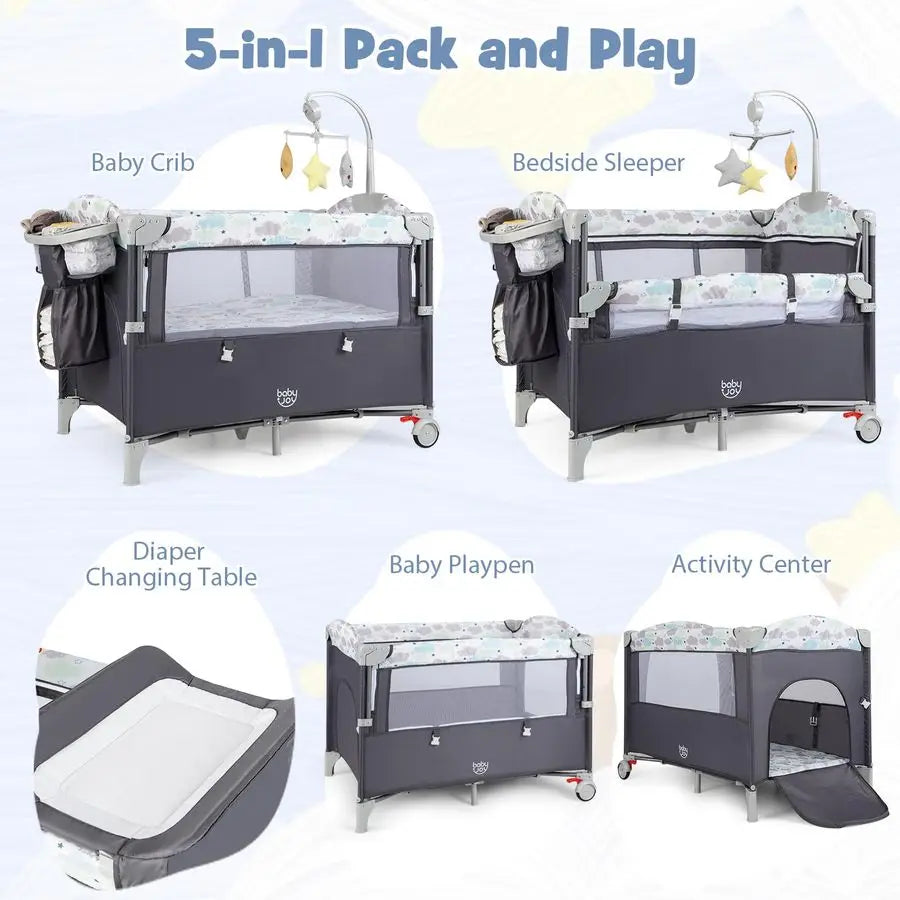5in1 Pack and Play, Portable Baby Bedside Sleeper with Bassinet, UShaped Diaper Changer, Safety Strap, Side Zipper Entrance, Han