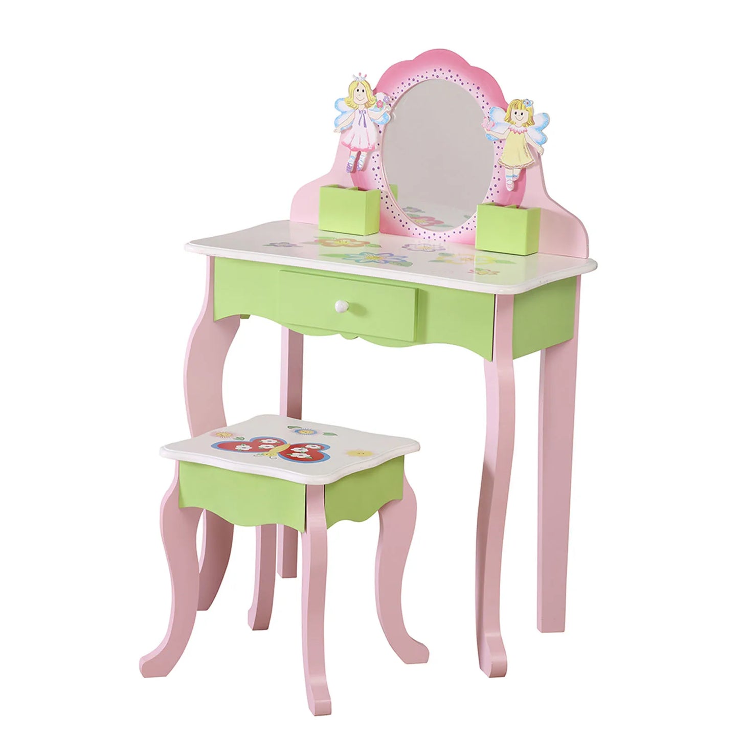 Toddler Girls Makeup Dressing Table Pretend Vanity Set Wooden Kids Vanity Set Makeup Table Chair Set with Mirror Drawer