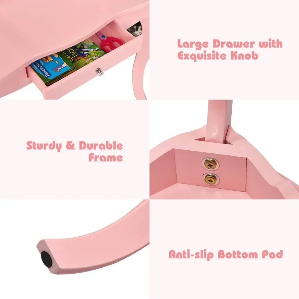 Kids Wooden Vanity Table & Stool Set, 2 in 1 Detachable Design with Dressing Table and Writing Desk, Princess Makeup Dressing T