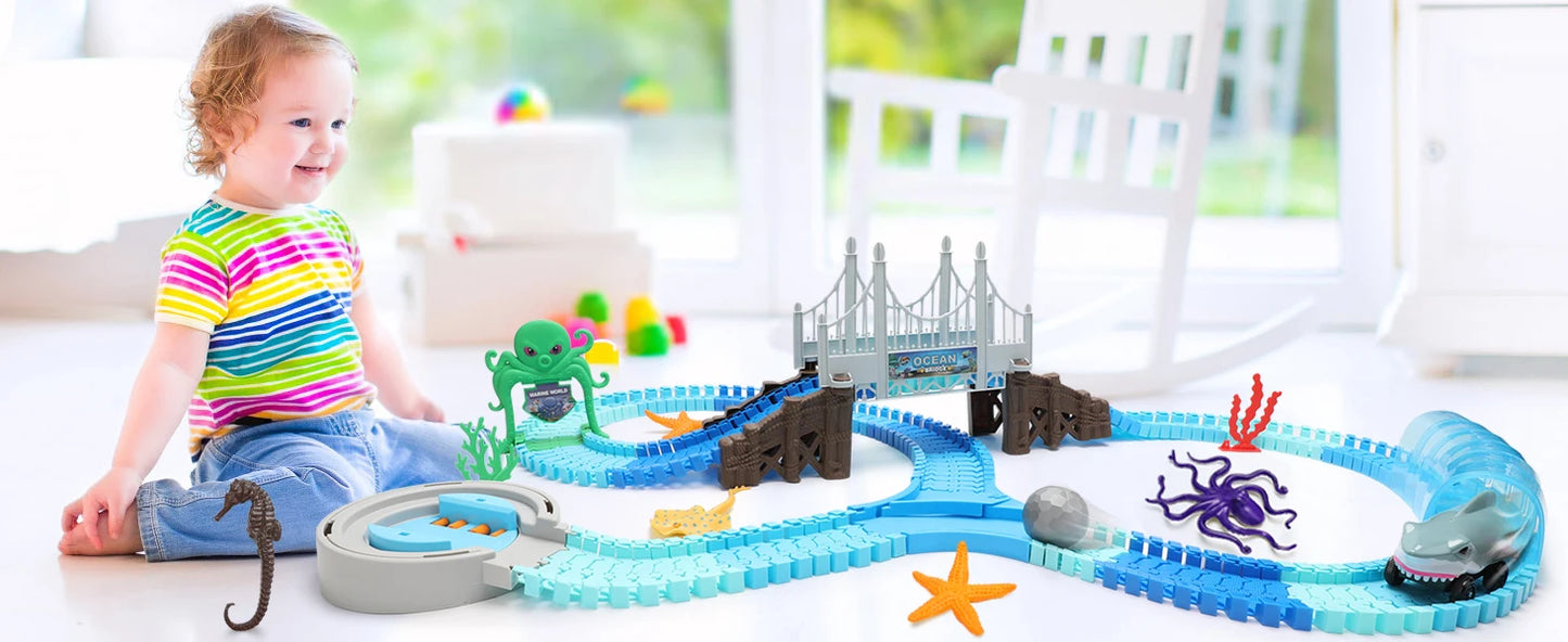 VATOS Track Toys Shark Race Car Toy for Boys Girls Age 3+ Bendable Flexible Racetrack Cars Ocean Train Toy STEM Educate Kid Set