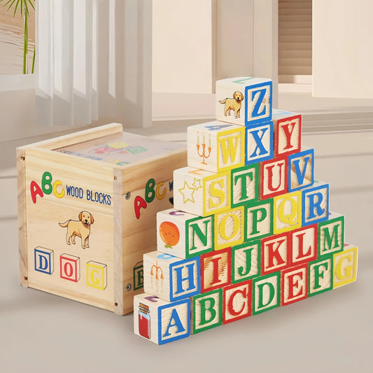 Wooden Educational Toys 27 Large Building Blocks ABC English Alphabet Number Cubes Wooden Wooden Box Storage