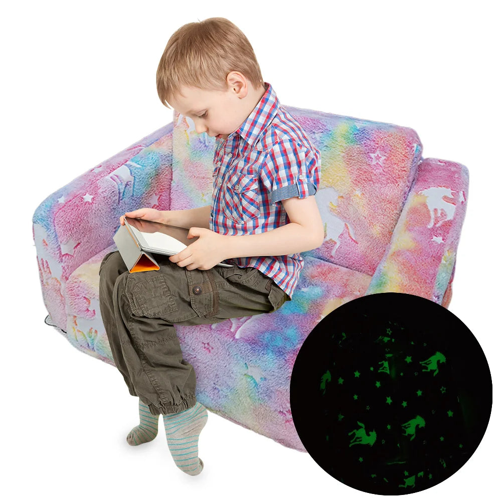 Kids Couch Fold Out Kid Sofa Chair Toddler Convertible Sofa to Lounger Pull Out Couch Glow in The Dark Sofa Chair for Boys Girls